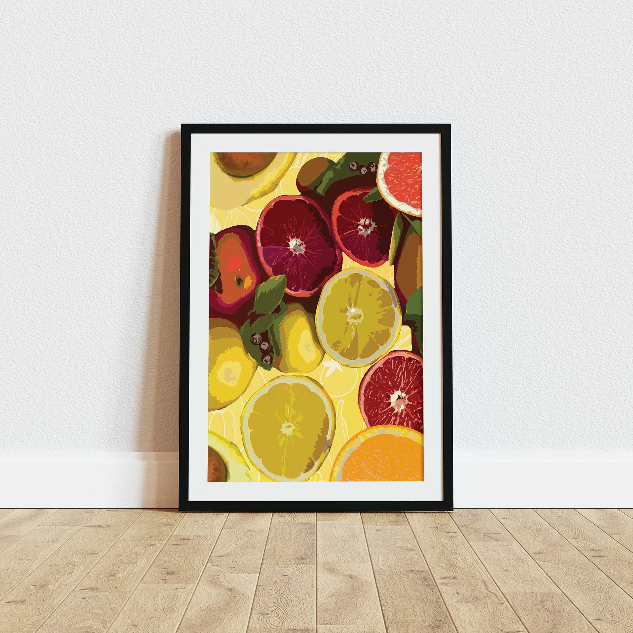 Bold and colorful printable wall art of sliced citrus fruits including blood oranges, lemons, and grapefruits on a vibrant yellow background, ideal for brightening up kitchens, cafes, or fruit-themed decor spaces