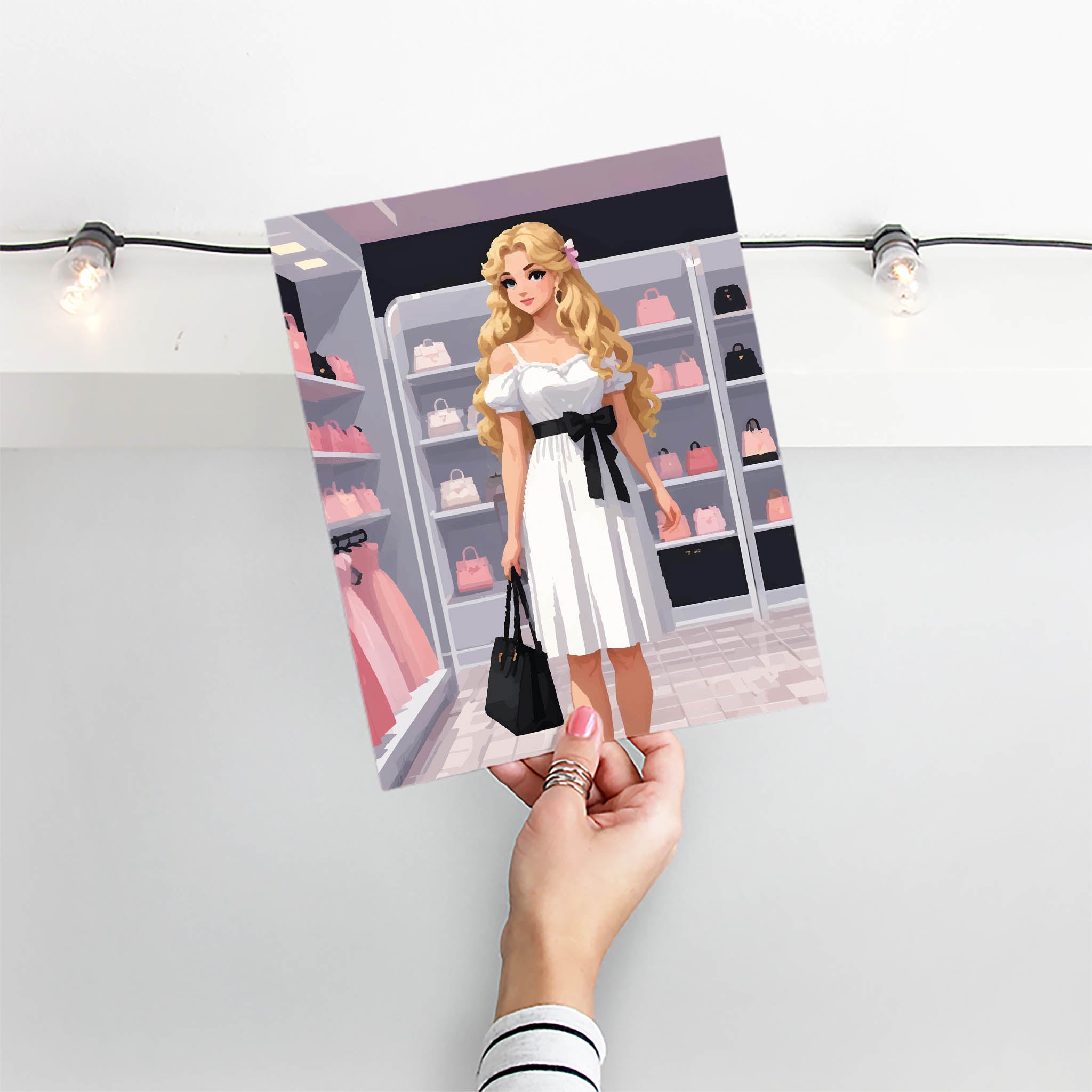Elegant digital illustration of a stylish woman in a white dress with a black bow, shopping in a boutique filled with pastel handbags, chic printable wall art for fashion lovers and modern interiors
