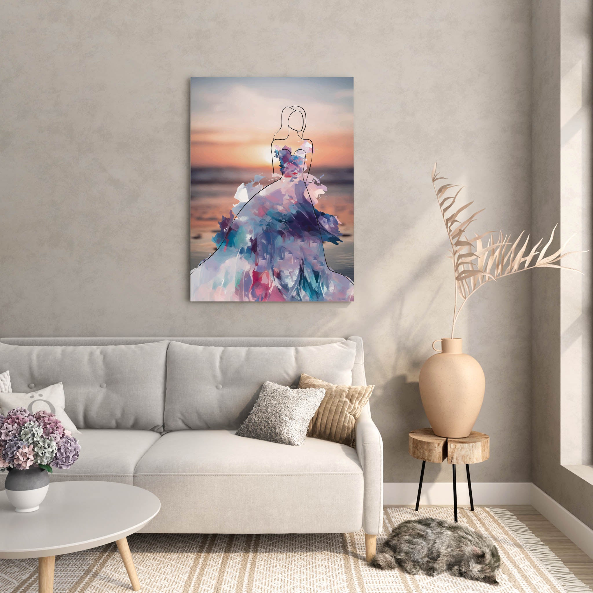 Elegant printable wall art featuring a minimalist line drawing of a woman in a flowing, abstract watercolour gown with vibrant purples, blues, and pinks, set against a serene sunset beach background, perfect for modern, fashion-inspired interiors