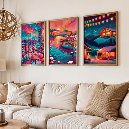 Three illustrated holiday prints in magenta and teal tones, shown framed above a green paneled console table