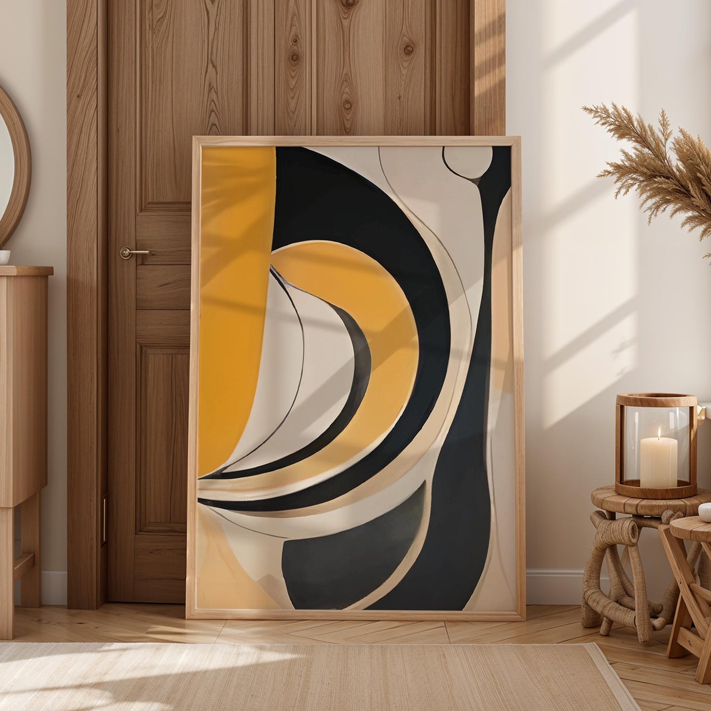 Abstract geometric wall art featuring bold curved shapes in mustard yellow, charcoal grey, beige, and off-white tones. The flowing lines and layered arcs create a modern, mid-century inspired composition with a sense of movement and balance.