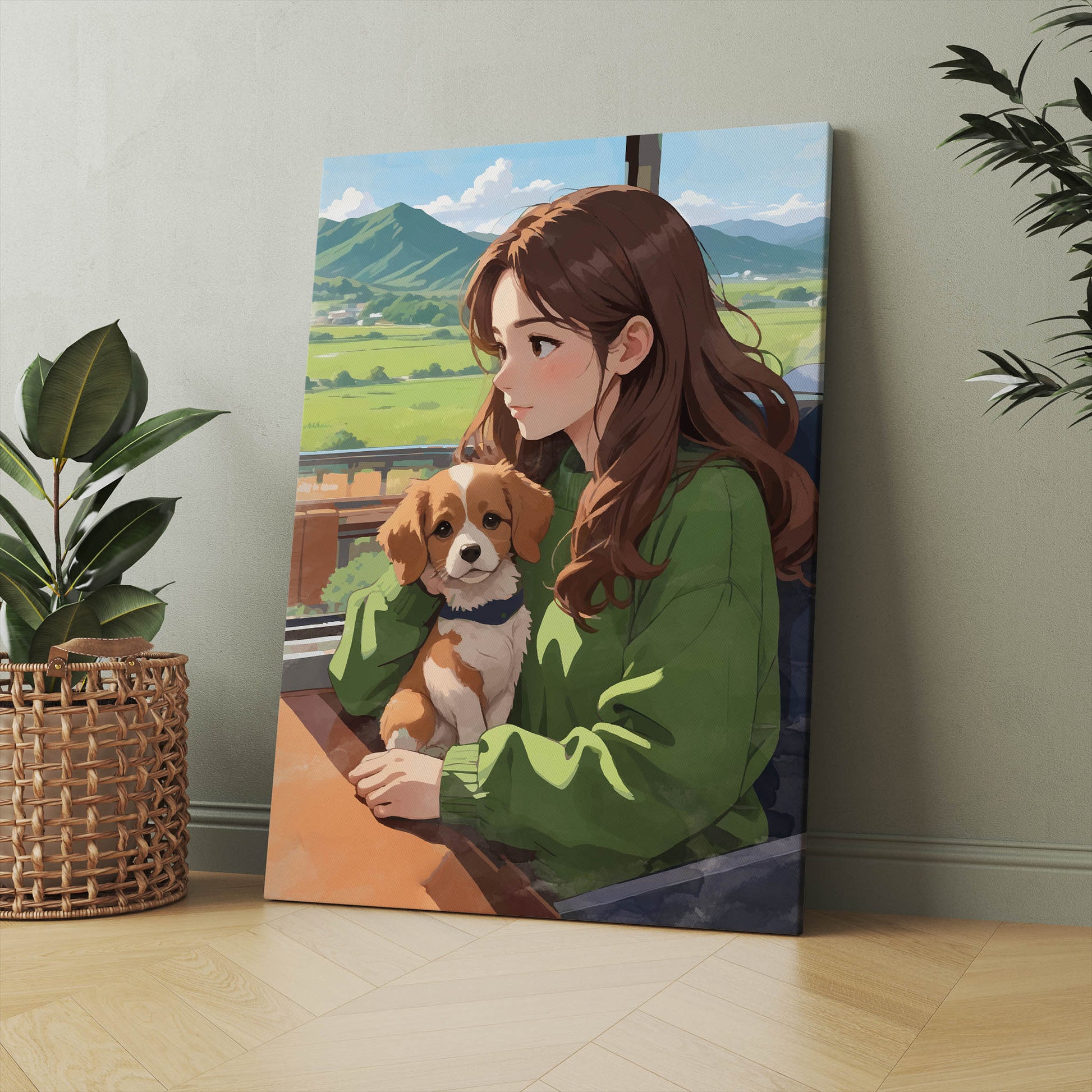 Cozy printable wall art featuring a girl with long brown hair in a green sweater, sitting by the window with a cute puppy, enjoying a peaceful countryside view with mountains and blue skies - perfect for dog lovers and nature-inspired home decor. 