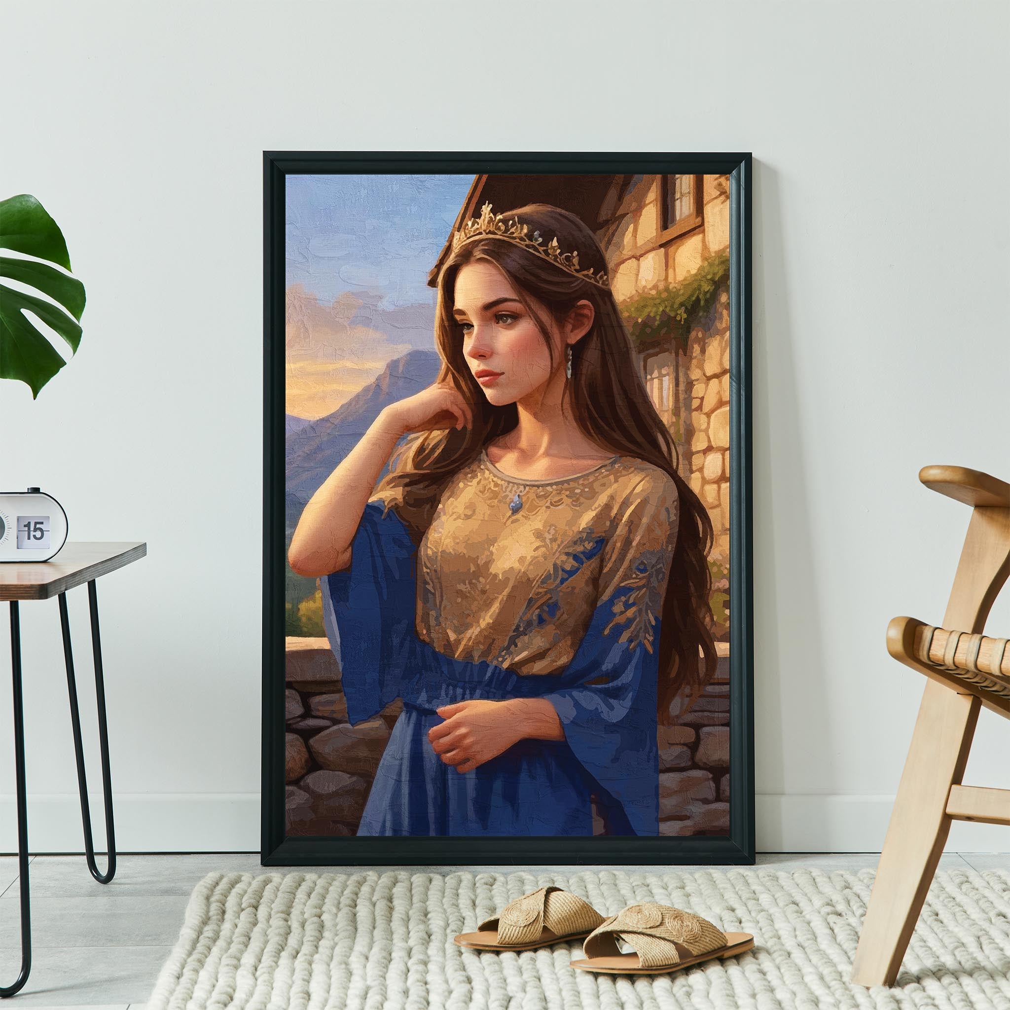 Romantic fantasy portrait illustration of a graceful woman wearing a golden crown and flowing blue and gold gown, standing on a stone balcony at sunset with mountains in the distance. Elegant medieval-inspired wall art with soft light, painterly texture, and a timeless fairytale atmosphere. Printable Wall Art. Digital Download.