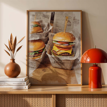Juicy cheeseburgers with melted cheese and fresh toppings in paper baskets, restaurant style printable wall art
