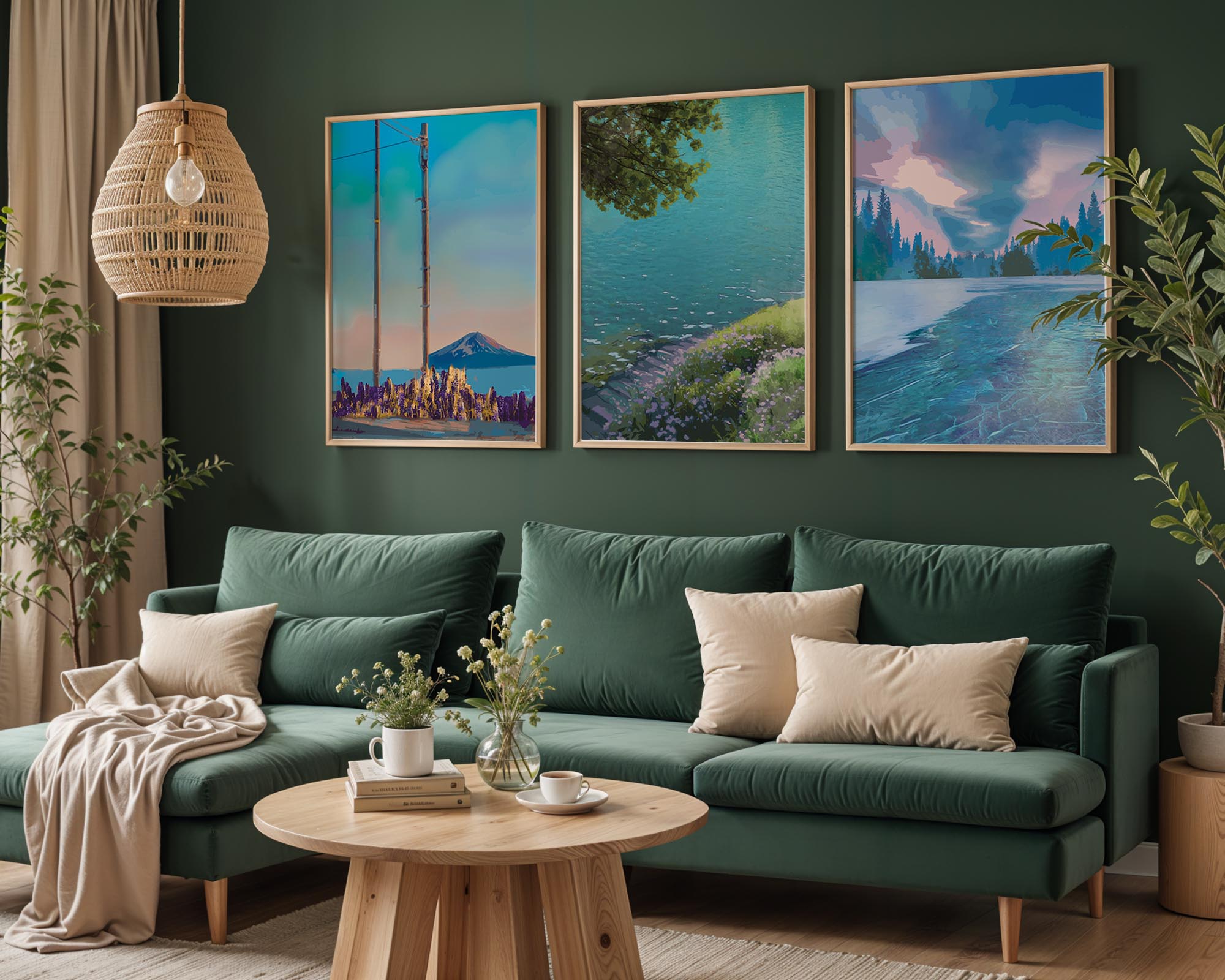 Set of three printable wall art pieces featuring serene landscape scenes with mountains, lakes, and forests