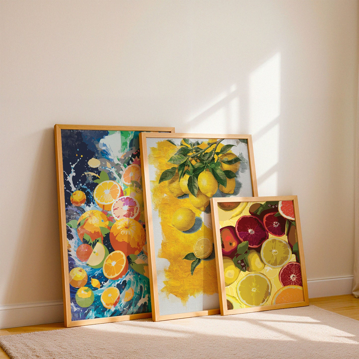 Three-piece fruit artwork set leaning on a shelf with bright lemon, orange and grapefruit compositions in a modern interior