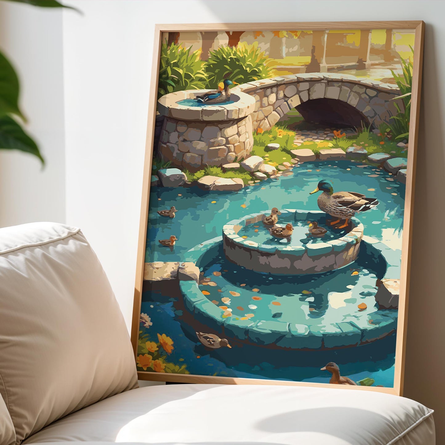 Charming illustrated garden scene featuring ducks and ducklings swimming in a turquoise pond with a tiered stone fountain and a small stone bridge in the background. Surrounded by lush greenery and warm sunlight, the artwork creates a peaceful, storybook countryside atmosphere. Printable Wall Art. Digital Download.