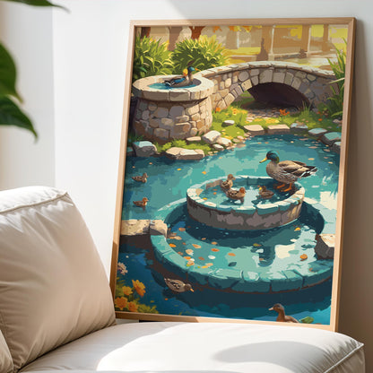 Charming illustrated garden scene featuring ducks and ducklings swimming in a turquoise pond with a tiered stone fountain and a small stone bridge in the background. Surrounded by lush greenery and warm sunlight, the artwork creates a peaceful, storybook countryside atmosphere. Printable Wall Art. Digital Download.