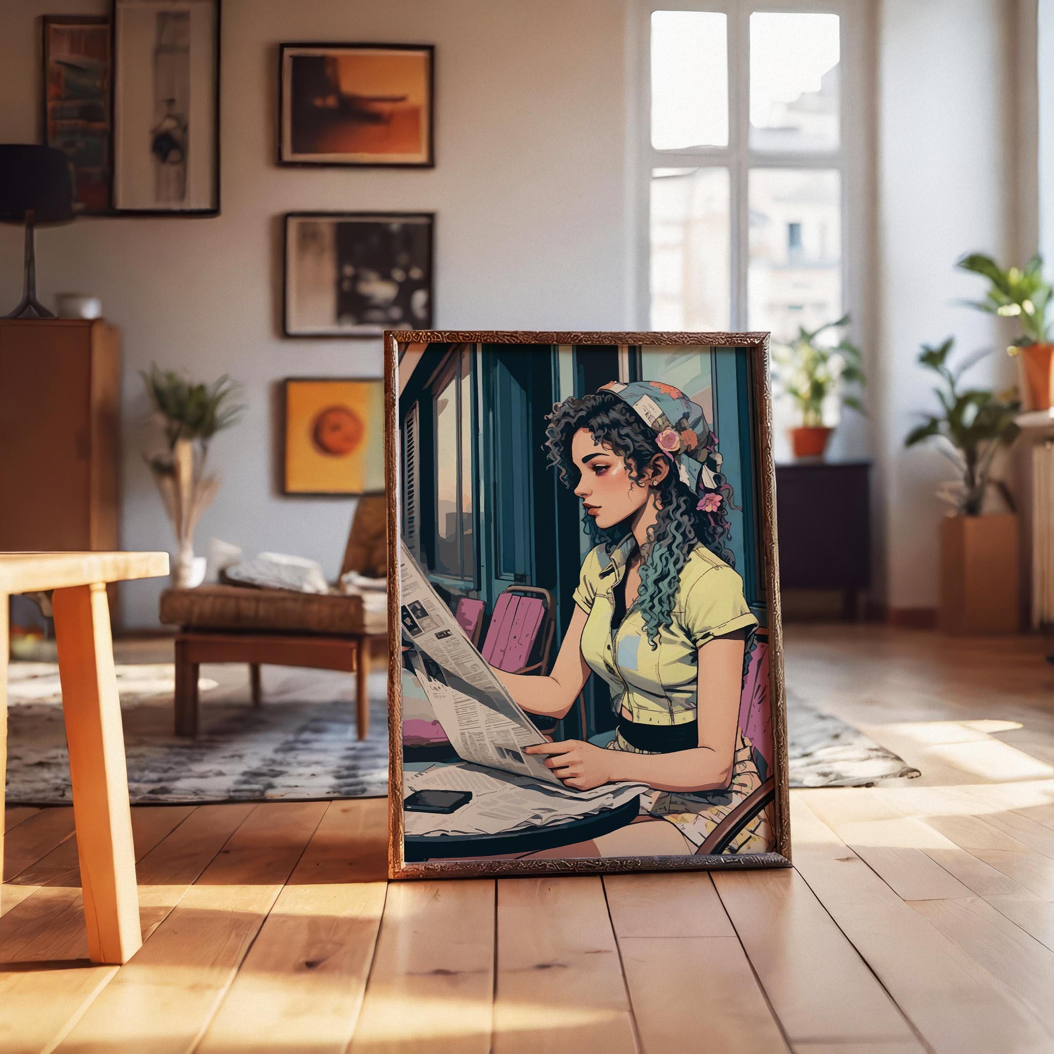 Printable wall art of a stylish young woman with curly hair and a floral headscarf, sitting at an outdoor café table reading a newspaper, in a vintage-inspired, artistic style, perfect for chic and modern home decor
