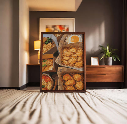 Vibrant food illustration featuring takeout boxes filled with Asian cuisine, including noodles, dumplings, and a fried egg. The warm colours and detailed textures create a mouthwatering, cosy street-food vibe perfect for kitchen or dining room wall art.