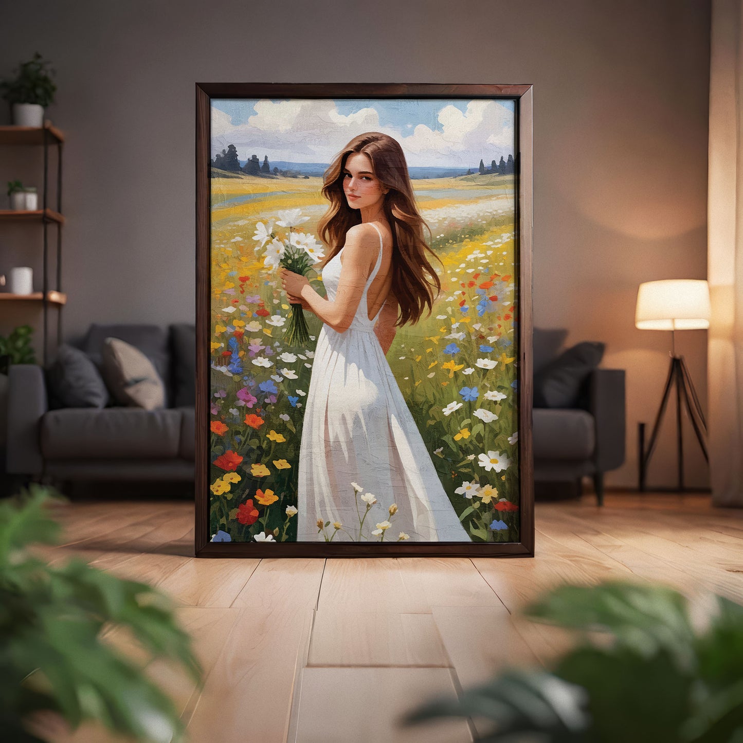 Romantic illustration of a young woman in a flowing white dress standing in a vibrant wildflower meadow. She holds a bouquet of white daisies as warm sunlight highlights her long, wavy hair. Colourful flowers surround her under a bright sky with soft clouds, creating a dreamy, serene summer atmosphere.