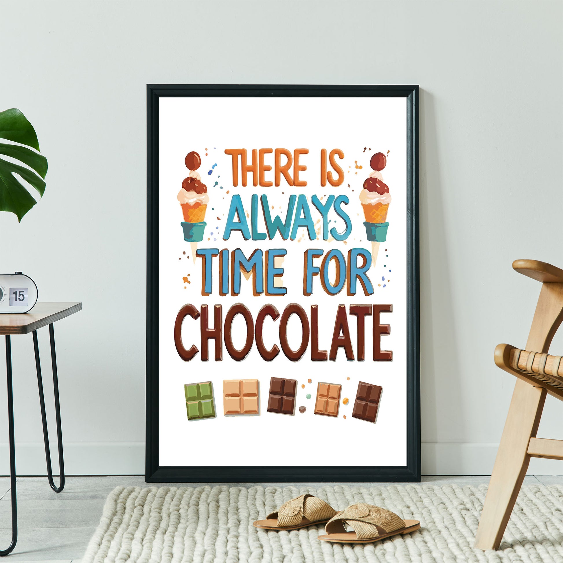 Whimsical printable wall art with the phrase 'There is always time for chocolate', featuring colorful illustrations of ice cream cones and assorted chocolate bars, perfect for dessert lovers and sweet kitchen decor