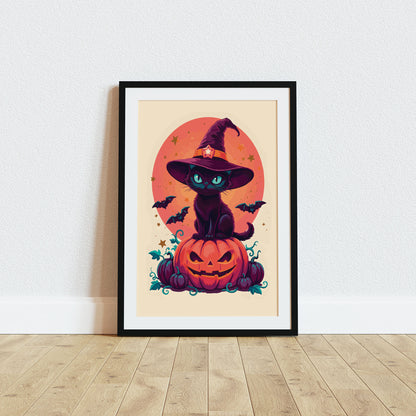 Maximalist Halloween character print on cream featuring a brooding black cat familiar with jewel-teal eyes on a glowing pumpkin throne, framed by teal vines, dark flying bats, gold star scatter, and a large warm orange moon behind