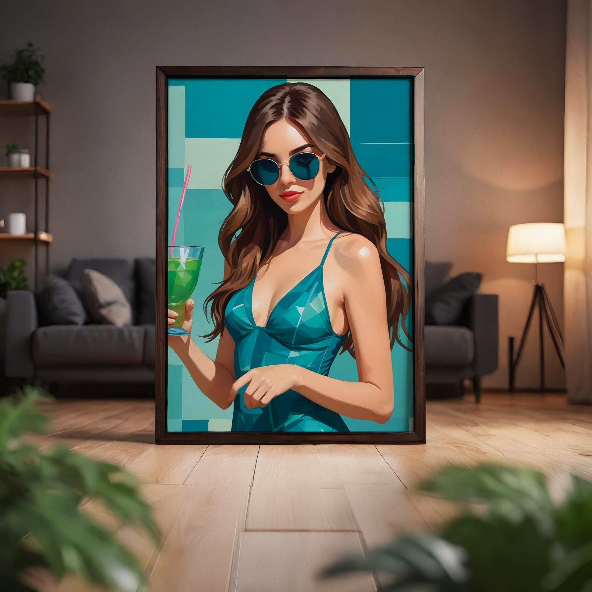 Chic summer-themed printable wall art featuring a stylish woman in teal sunglasses and dress, holding a vibrant green cocktail, set against a bold geometric teal and aqua background - perfect for beach or poolside decor