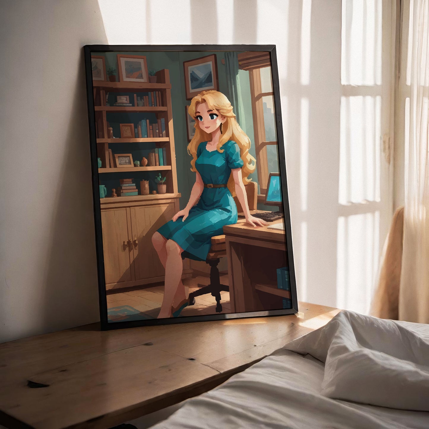 Warm and inviting illustration of a blonde woman in a teal dress sitting by a wooden desk in a cosy home office. Sunlight filters through the window, highlighting bookshelves filled with books, framed art, and plants, creating a calm and creative workspace atmosphere.