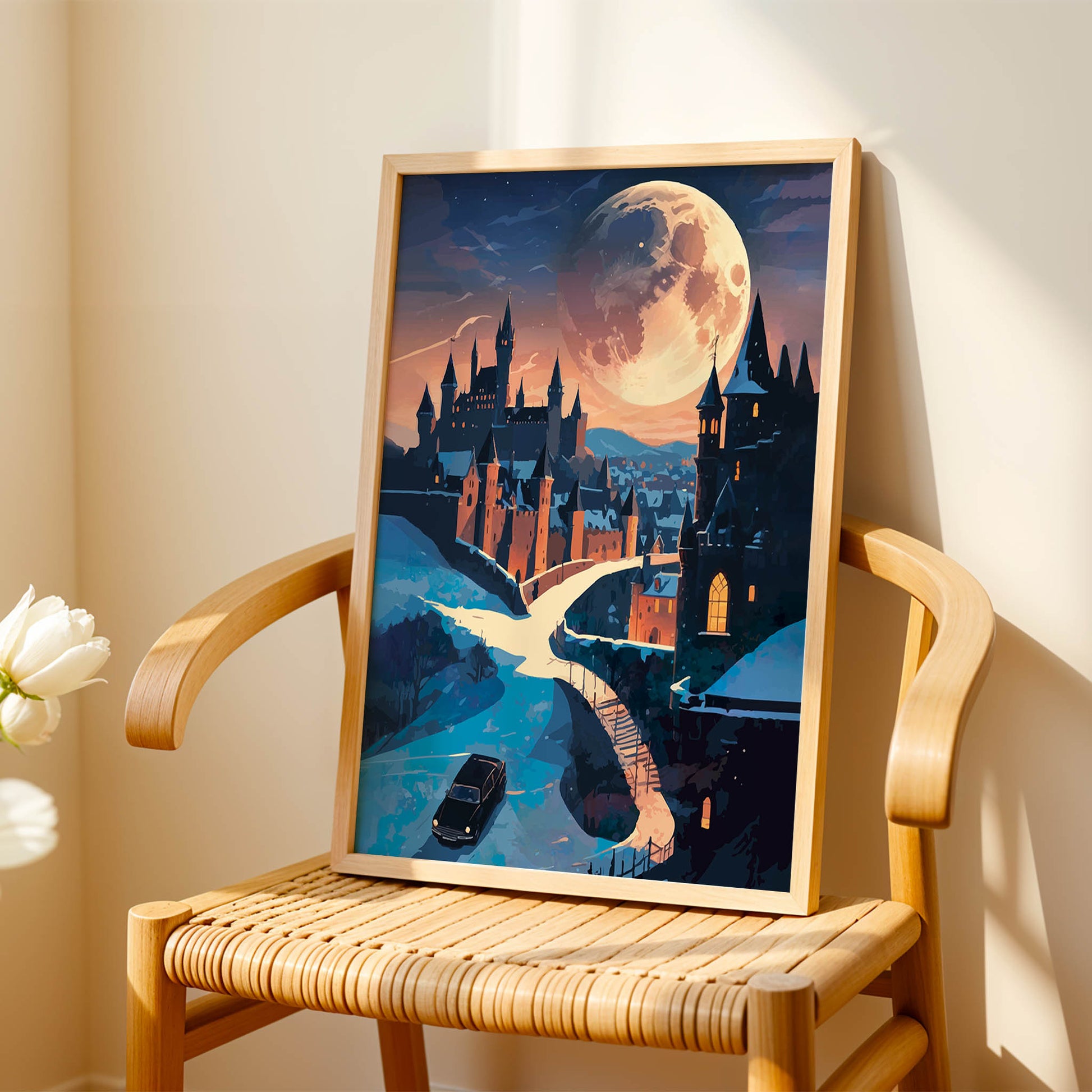 Magical night scene featuring a grand castle illuminated under a massive glowing full moon. A winding road and bridge lead to the castle gates as a car approaches through the snowy landscape, creating a mysterious and enchanting fantasy atmosphere.