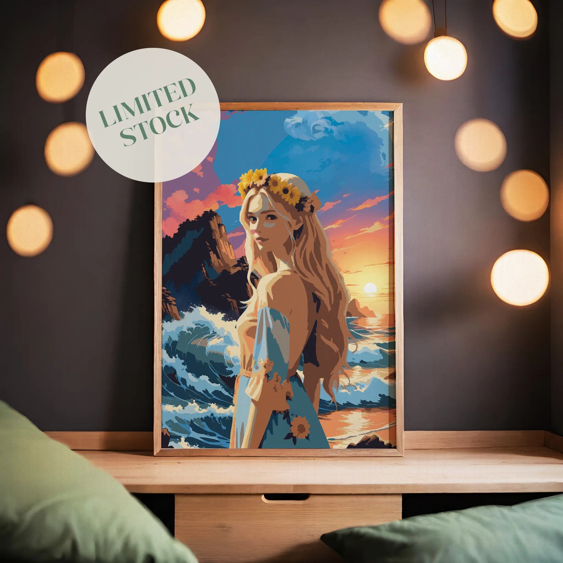 Vibrant printable wall art featuring a blonde woman with sunflowers in her hair standing by the ocean, set against dramatic waves, rocky cliffs, and a glowing sunset sky, perfect for adding a bold, romantic coastal vibe to any space