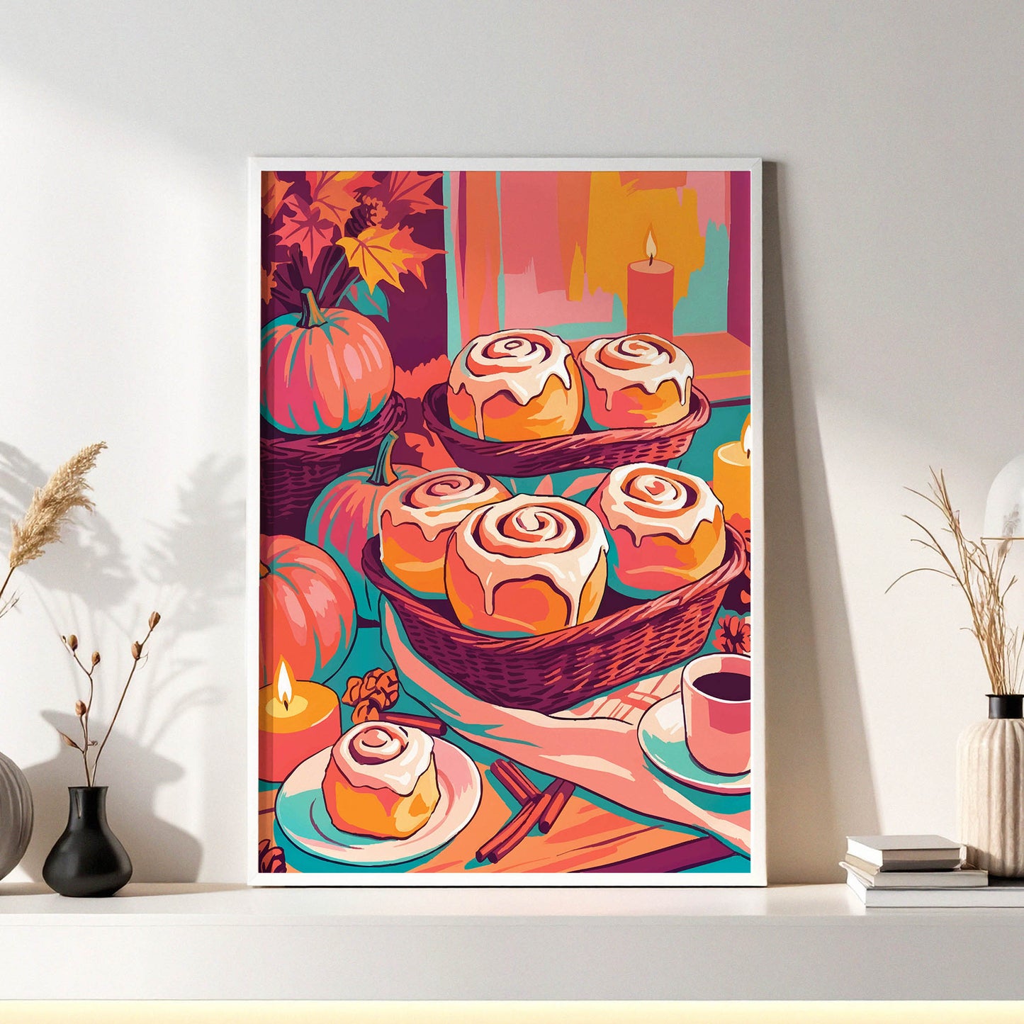 Maximalist food wall art - painterly cinnamon rolls stacked in tiered wicker baskets with autumn harvest details in orange, hot pink, teal, and plum