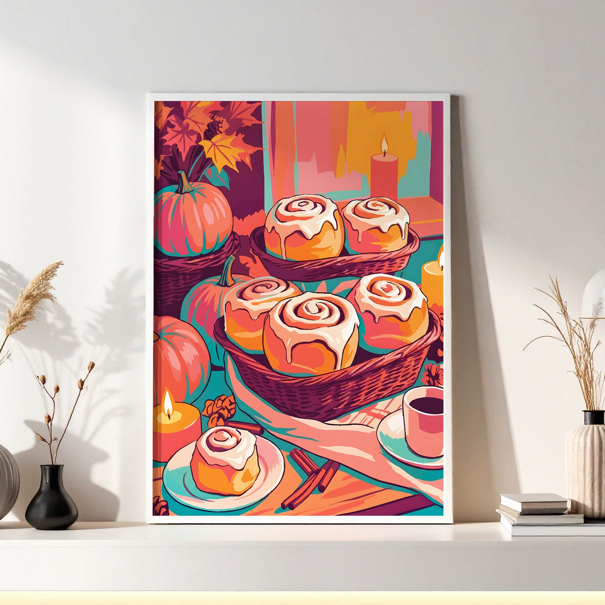 Maximalist food wall art - painterly cinnamon rolls stacked in tiered wicker baskets with autumn harvest details in orange, hot pink, teal, and plum