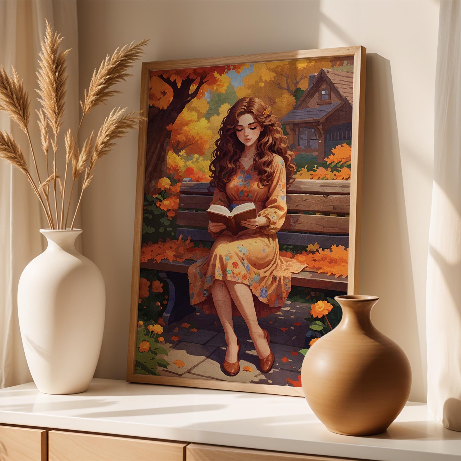 Digital wall art of a woman in a floral dress reading a book on a park bench, surrounded by autumn leaves and flowers in warm orange and yellow tones