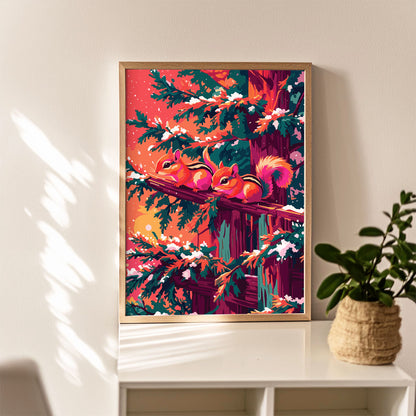 Maximalist winter nature print featuring two illustrated chipmunks with bold orange and magenta fur markings resting together on a purple wooden railing, nestled among teal pine tree branches dusted with white snow and falling flakes