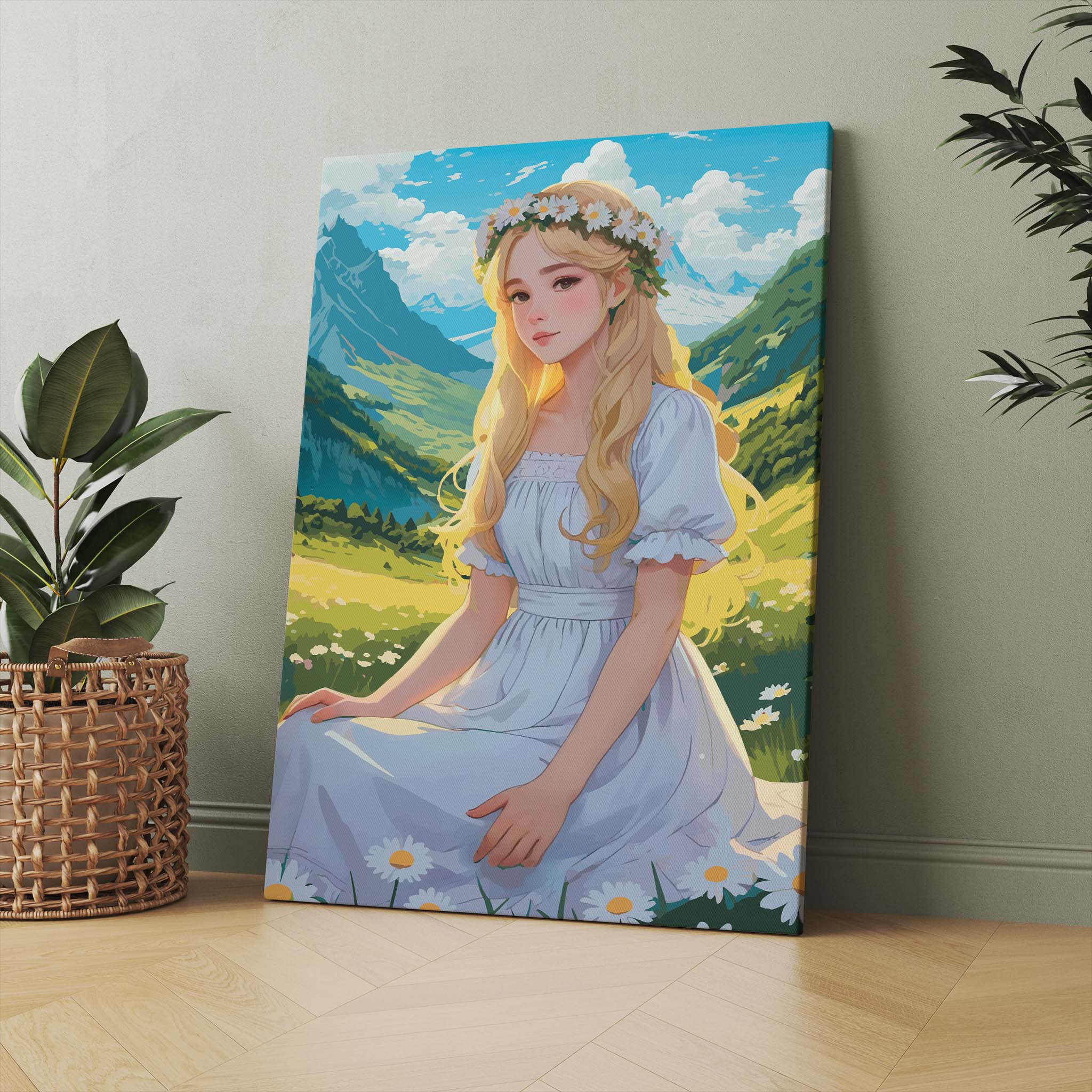 Enchanting digital artwork of a blonde girl in a white dress with a daisy flower crown, seated in a sunlit meadow surrounded by green mountains, fairytale-inspired printable wall art for nature and fantasy lovers