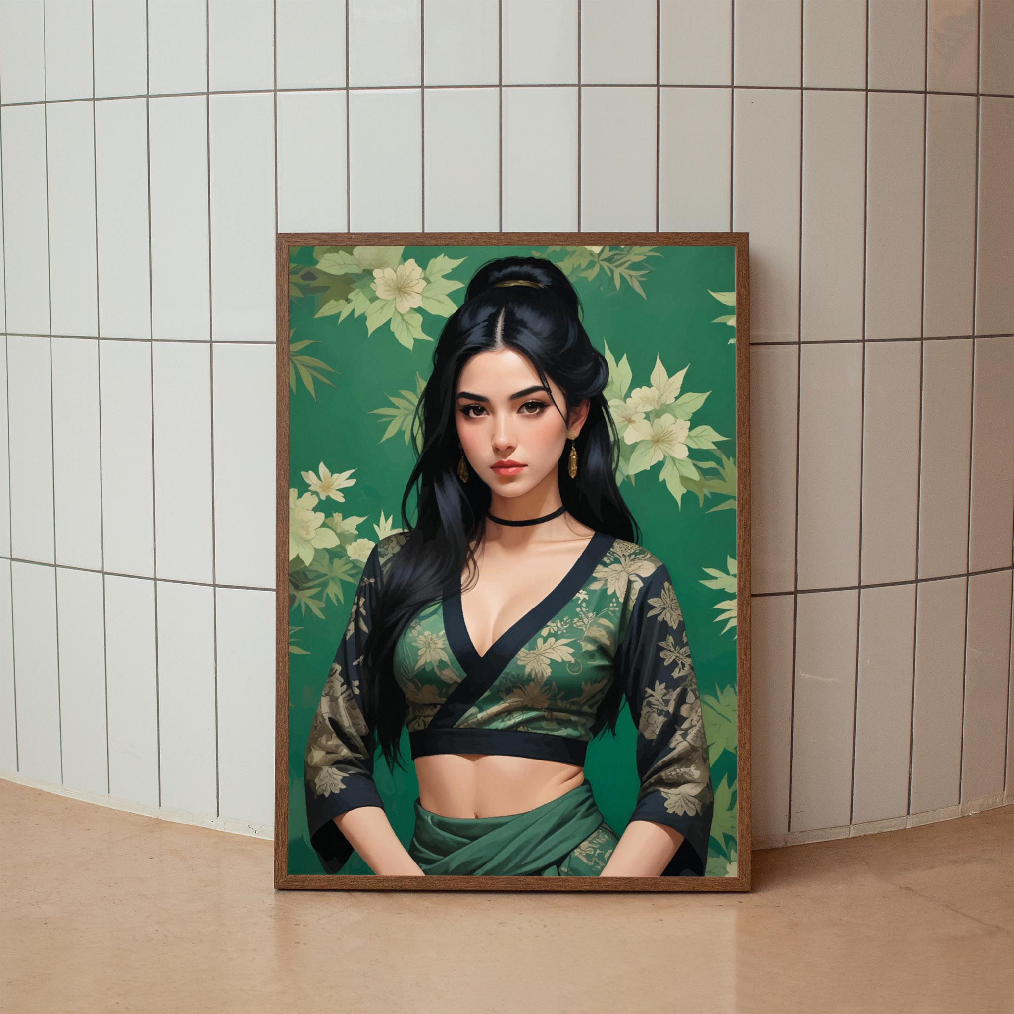 Elegant digital portrait of a woman with long black hair wearing a green floral traditional outfit against a matching botanical background, printable wall art for stylish interiors