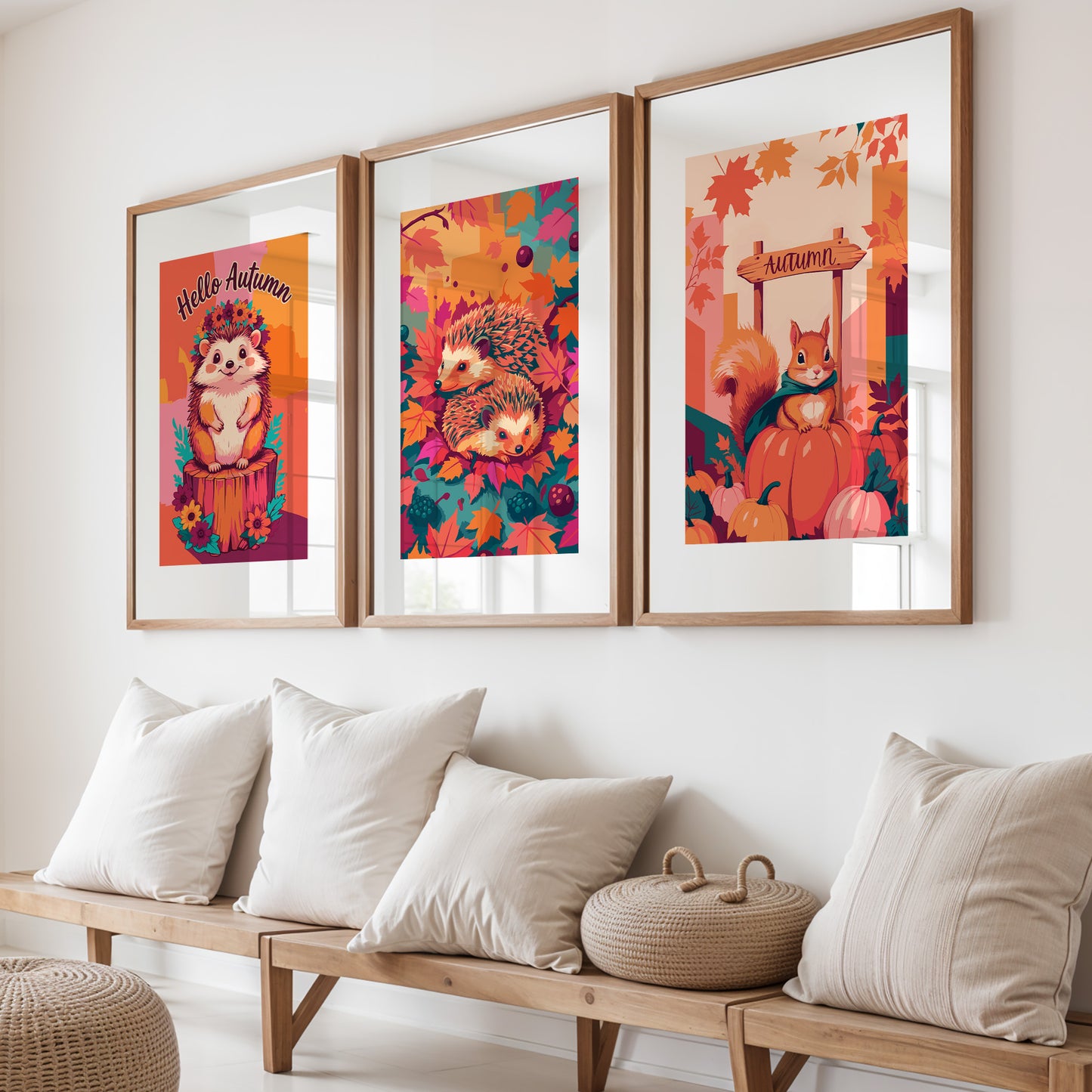 Three SweetPixelCreations woodland creature prints on a wood ledge against sage wainscoting - a hedgehog typography print, a maximalist leaf-pile hedgehog scene, and a teal-caped squirrel harvest print in a cohesive autumn palette