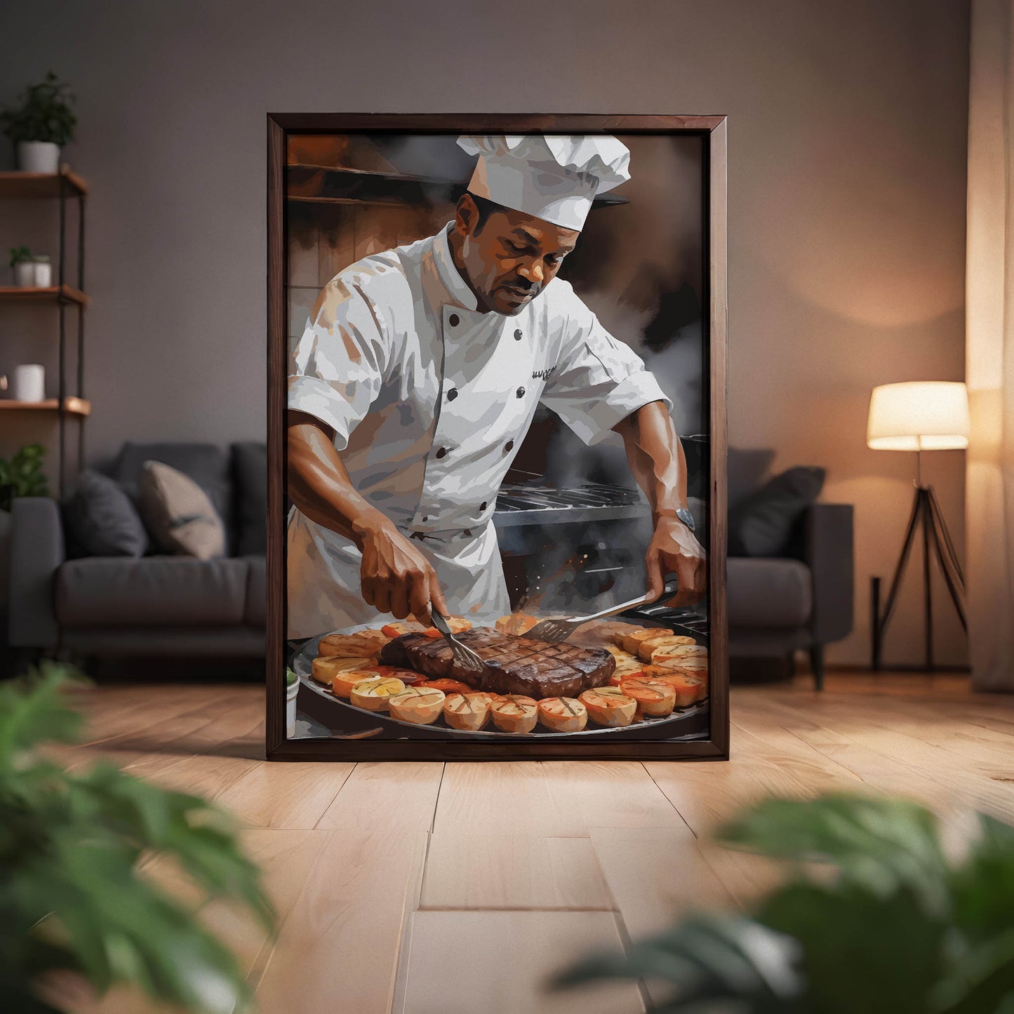 Digital wall art of a chef in uniform grilling steak and vegetables, surrounded by steam and rich kitchen ambiance.