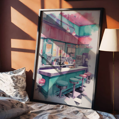 Retro American diner interior illustrated in soft pastel tones, featuring a teal counter, pink and turquoise bar stools, hanging pendant lights, and classic checkerboard flooring. The nostalgic 1950s-style diner scene creates a cozy, vintage atmosphere with a modern aesthetic twist. Digital Download. Printable Wall Art.