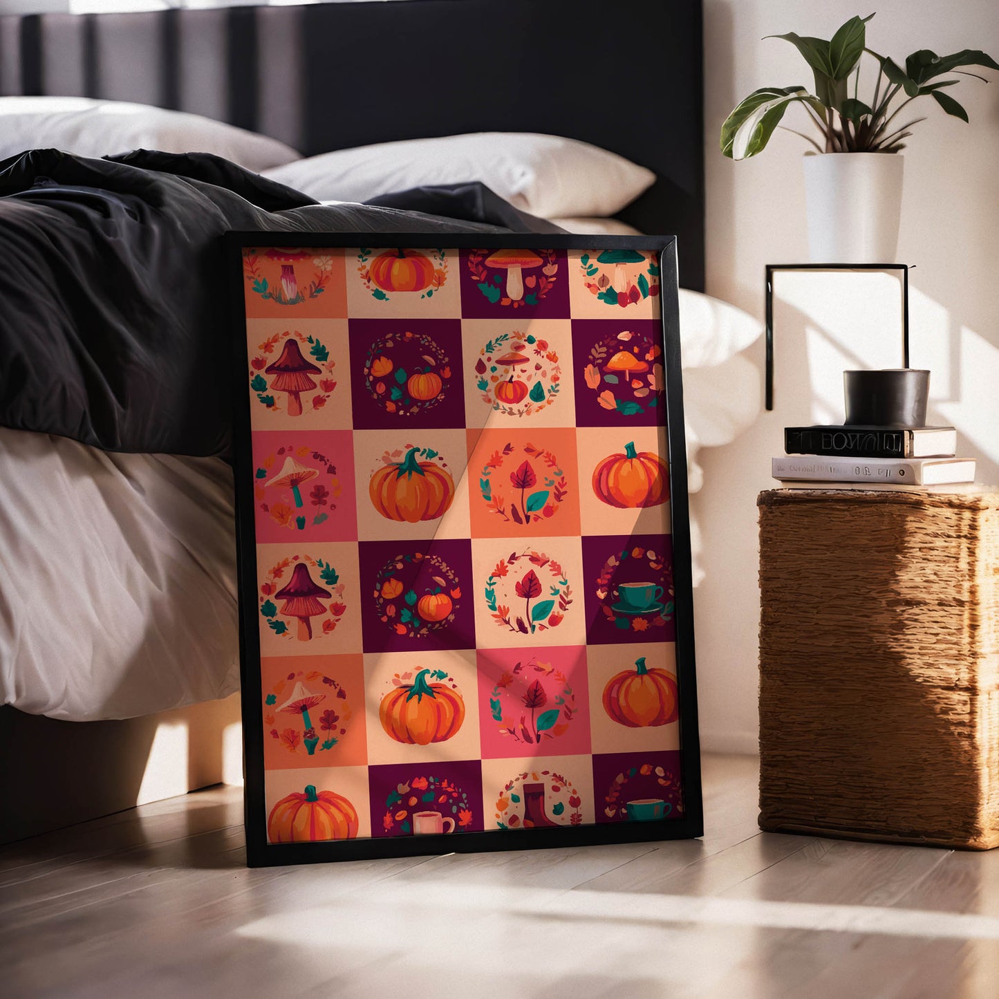 Printable autumn sticker sheet with 24 illustrated icons - pumpkins, cottagecore mushrooms, fall foliage wreaths, and a cozy tea cup in saturated harvest tones