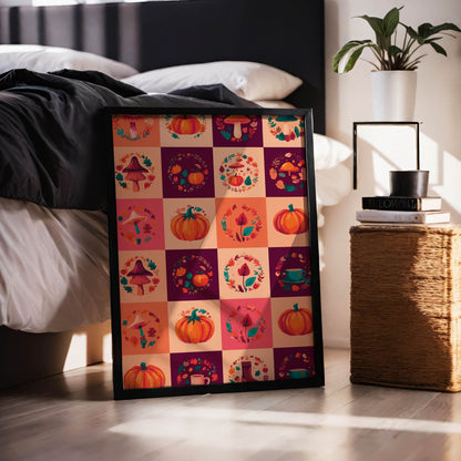 Printable autumn sticker sheet with 24 illustrated icons - pumpkins, cottagecore mushrooms, fall foliage wreaths, and a cozy tea cup in saturated harvest tones