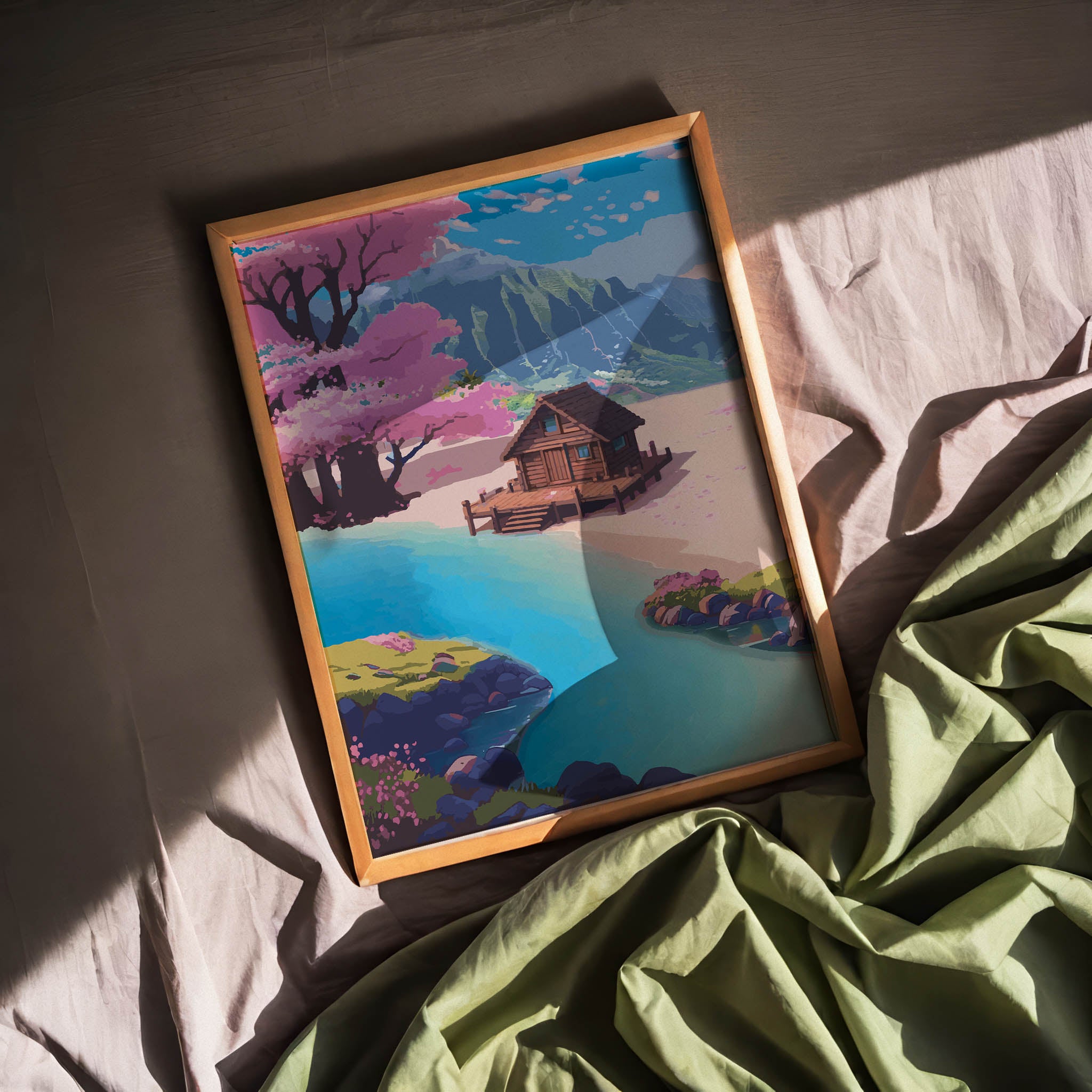 Colourful nature illustration with a beach cabin, crystal-blue water and blooming pink trees in a serene coastal setting