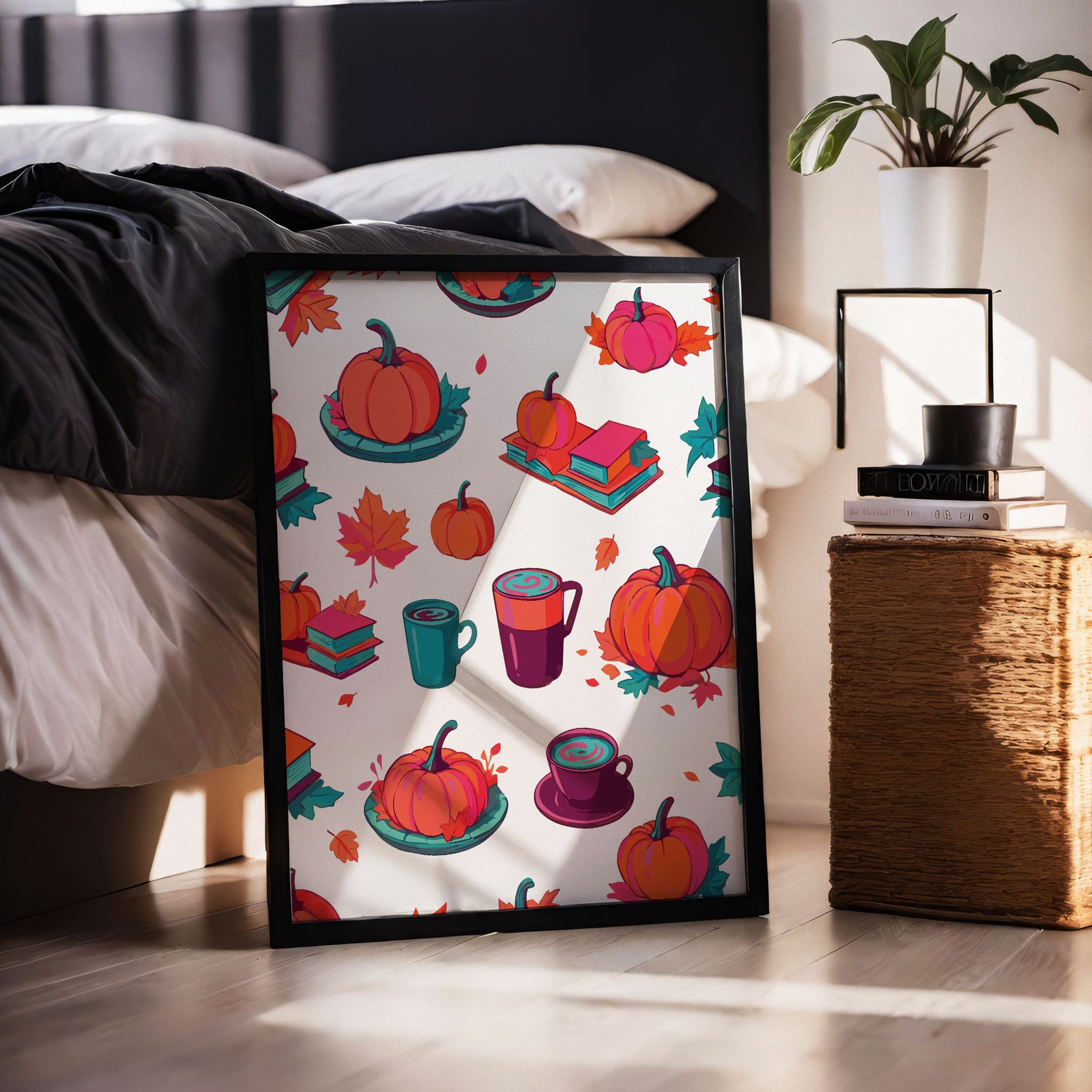 Painterly autumn pattern with oversized pumpkins, teal-spined book stacks topped with mini pumpkins, plum and orange latte cups with swirled foam, and orange and magenta maple leaves