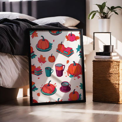 Painterly autumn pattern with oversized pumpkins, teal-spined book stacks topped with mini pumpkins, plum and orange latte cups with swirled foam, and orange and magenta maple leaves