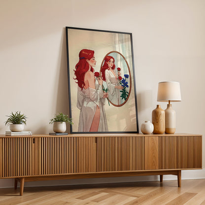 Soft painterly scene of a red-haired woman admiring herself in a mirror with roses and delicate pastel background