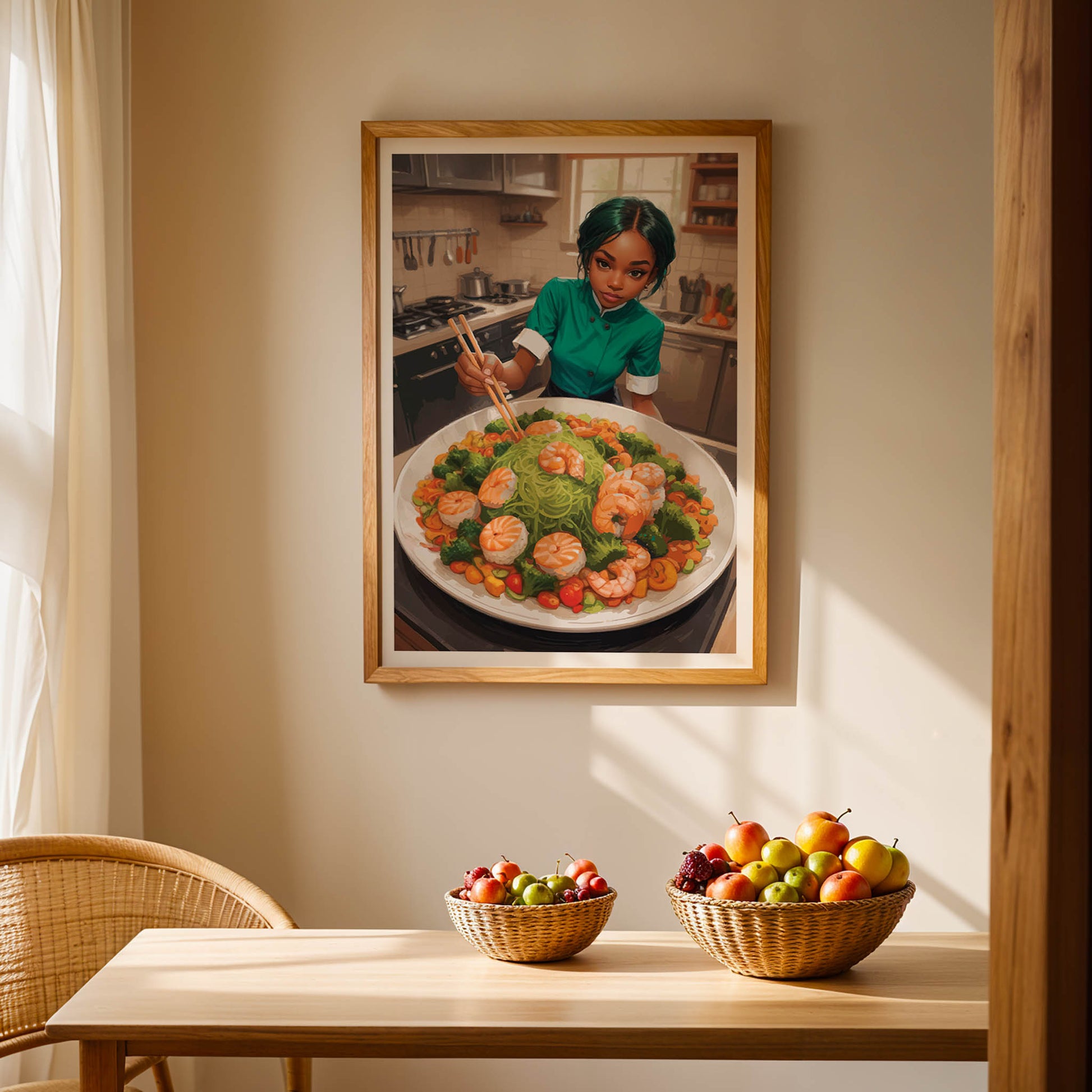 Illustrated scene of a young chef in a green uniform preparing a colourful dish in a bright kitchen. She uses chopsticks to arrange a large platter filled with green noodles, shrimp, broccoli, and vibrant vegetables, creating a fresh and artistic food presentation.