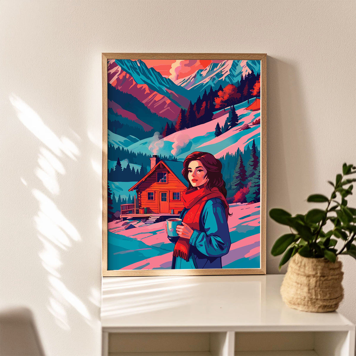 Maximalist cozy winter portrait featuring a confident illustrated woman with auburn hair against a full mountain backdrop — a glowing log cabin with chimney smoke, layered teal pine forests, and warm coral and plum mountain ridges in deep winter snow