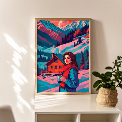 Maximalist cozy winter portrait featuring a confident illustrated woman with auburn hair against a full mountain backdrop — a glowing log cabin with chimney smoke, layered teal pine forests, and warm coral and plum mountain ridges in deep winter snow
