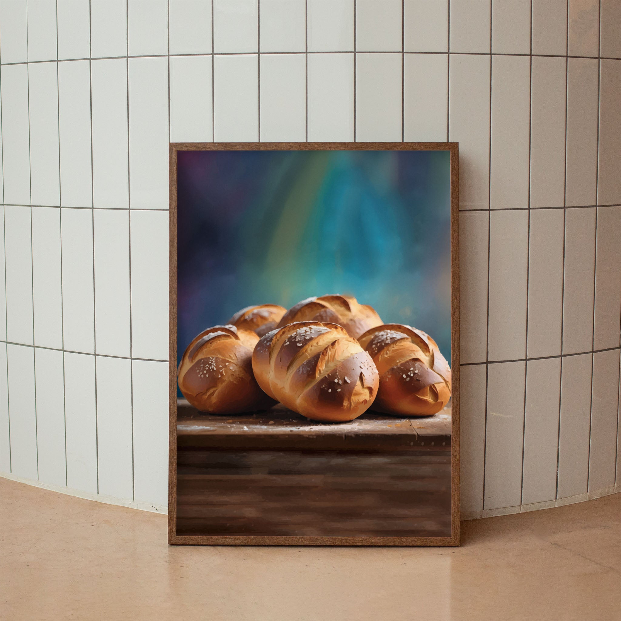 Printable wall art of freshly baked golden brown bread rolls with coarse salt on top, arranged on a rustic wooden surface with a soft, moody background, perfect for cozy kitchen or bakery-themed decor