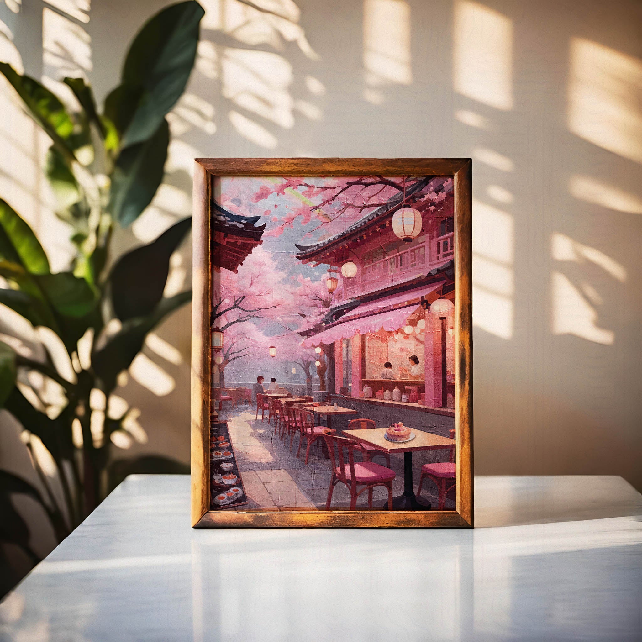 Romantic printable wall art of a serene outdoor café scene under blooming cherry blossom trees, with lantern-lit pink-toned architecture, cozy seating, and desserts on the table - ideal for Japan-inspired, spring, or pastel aesthetic decor
