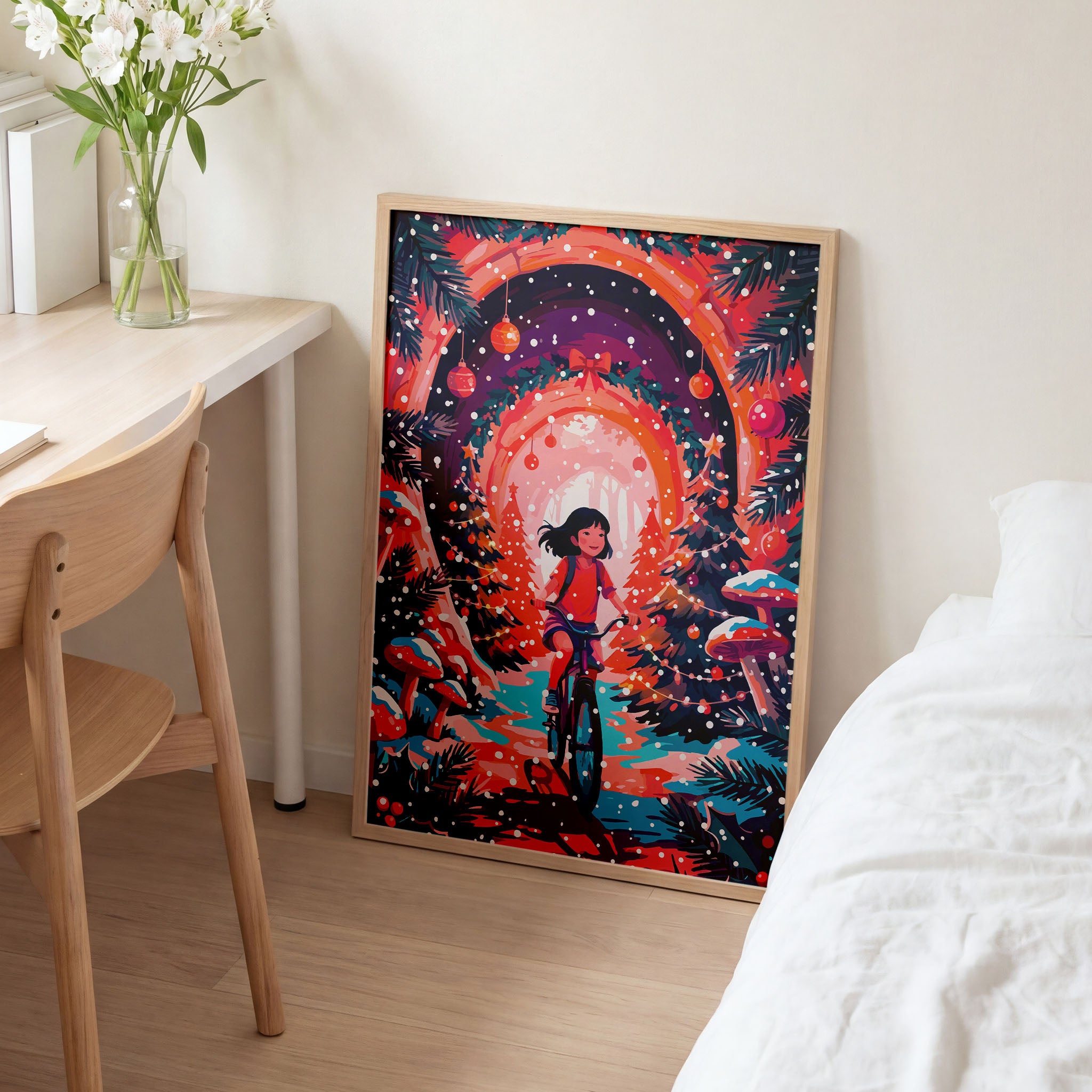 Maximalist Christmas nursery poster featuring a smiling illustrated girl on a teal bike riding into a fantasy Christmas woodland — fairy-light-strung trees, a holly wreath arch with red bow, teal toadstools, snow-dotted pines, and falling white snowflakes
