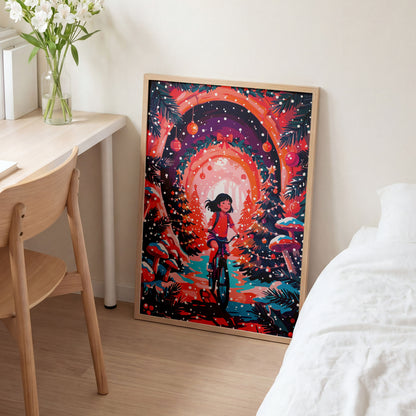 Maximalist Christmas nursery poster featuring a smiling illustrated girl on a teal bike riding into a fantasy Christmas woodland — fairy-light-strung trees, a holly wreath arch with red bow, teal toadstools, snow-dotted pines, and falling white snowflakes