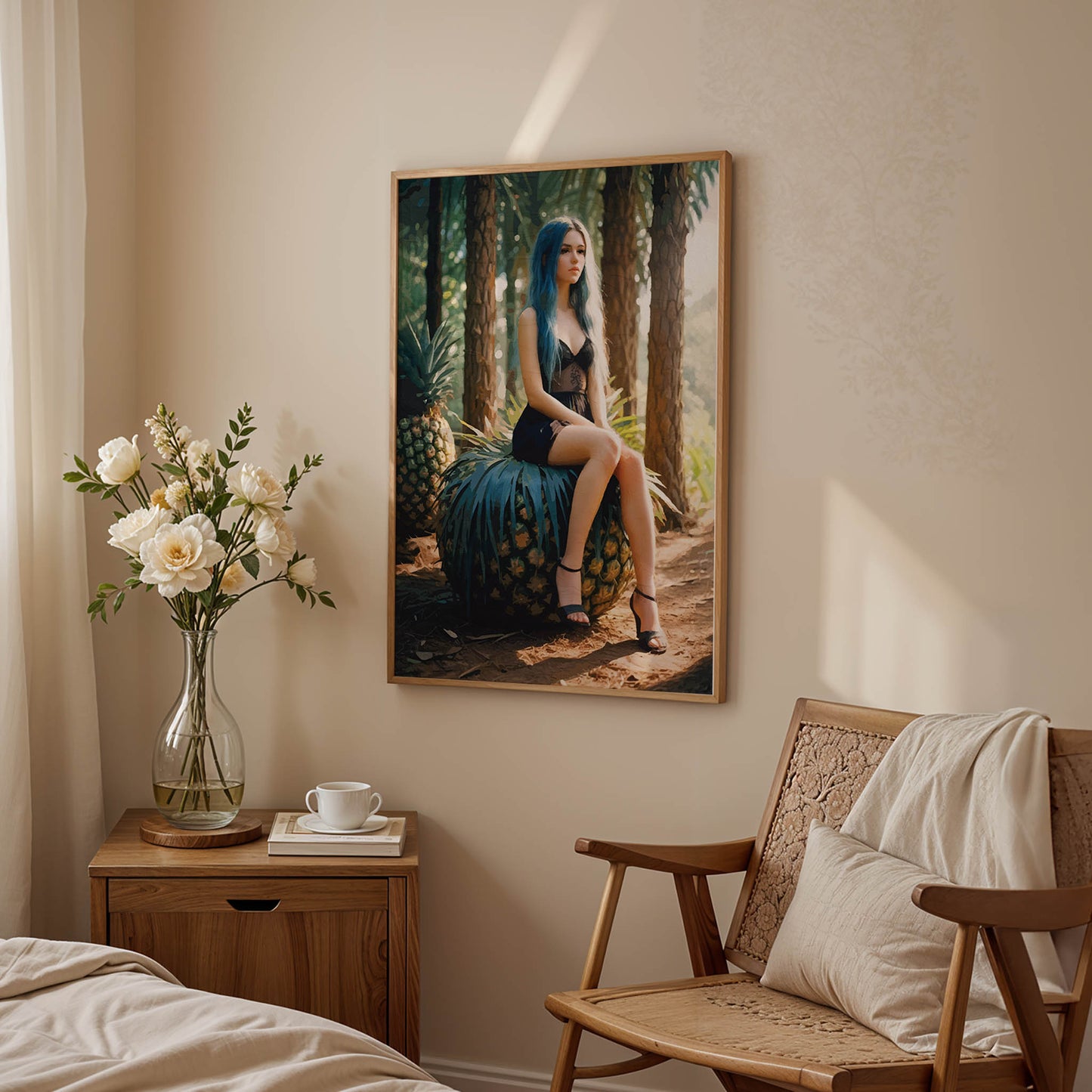 Moody artistic portrait of a woman with long blue hair sitting on a large pineapple in a sunlit forest. She wears a black lace dress and heels, surrounded by tall trees and lush greenery, creating a surreal, whimsical, and slightly mysterious atmosphere with tropical and fantasy elements. Printable Wall Art. Digital Download.