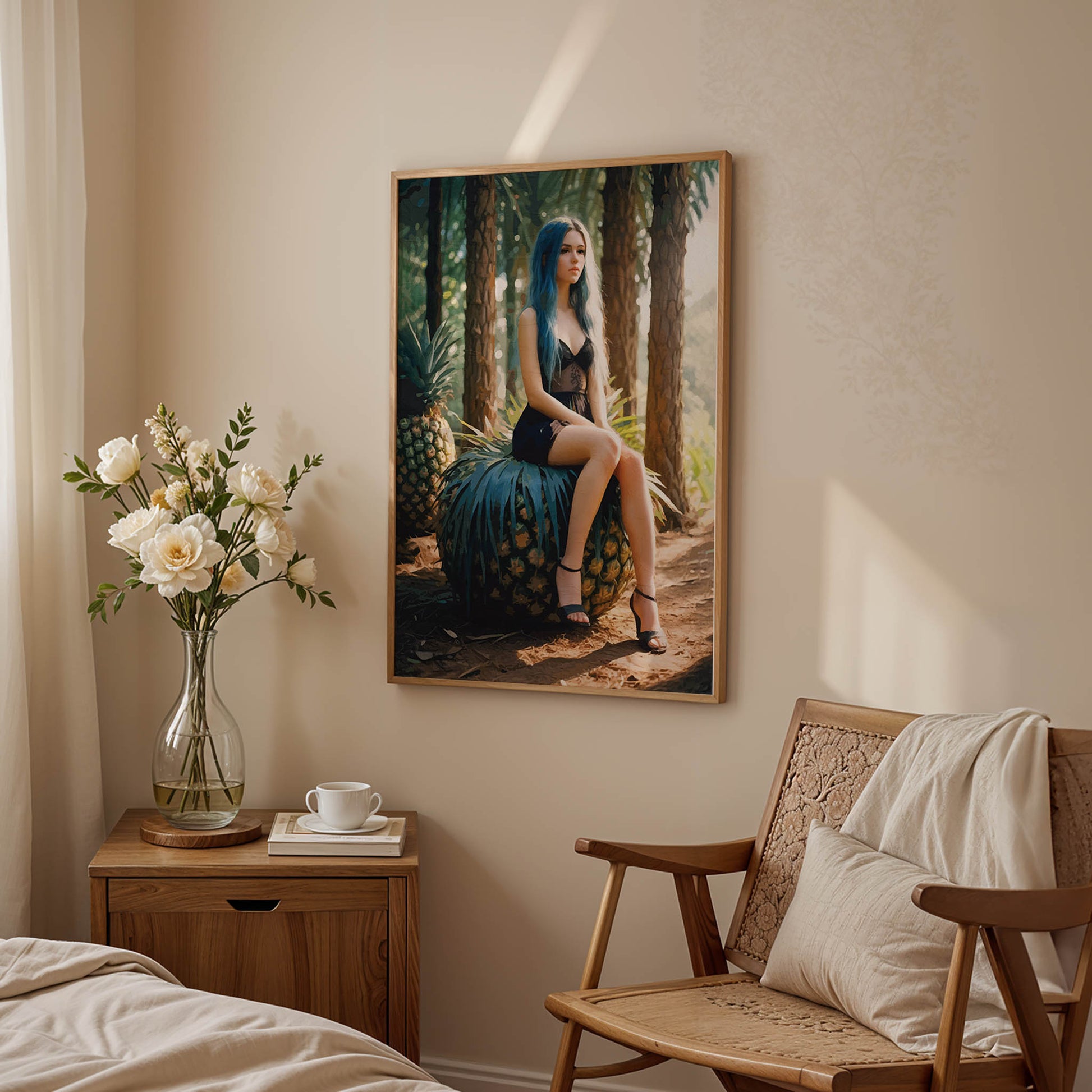 Moody artistic portrait of a woman with long blue hair sitting on a large pineapple in a sunlit forest. She wears a black lace dress and heels, surrounded by tall trees and lush greenery, creating a surreal, whimsical, and slightly mysterious atmosphere with tropical and fantasy elements. Printable Wall Art. Digital Download.