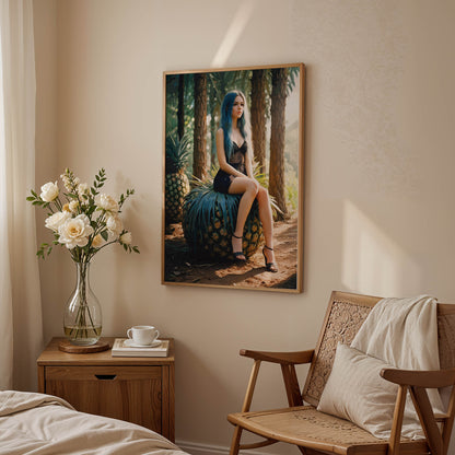 Moody artistic portrait of a woman with long blue hair sitting on a large pineapple in a sunlit forest. She wears a black lace dress and heels, surrounded by tall trees and lush greenery, creating a surreal, whimsical, and slightly mysterious atmosphere with tropical and fantasy elements. Printable Wall Art. Digital Download.