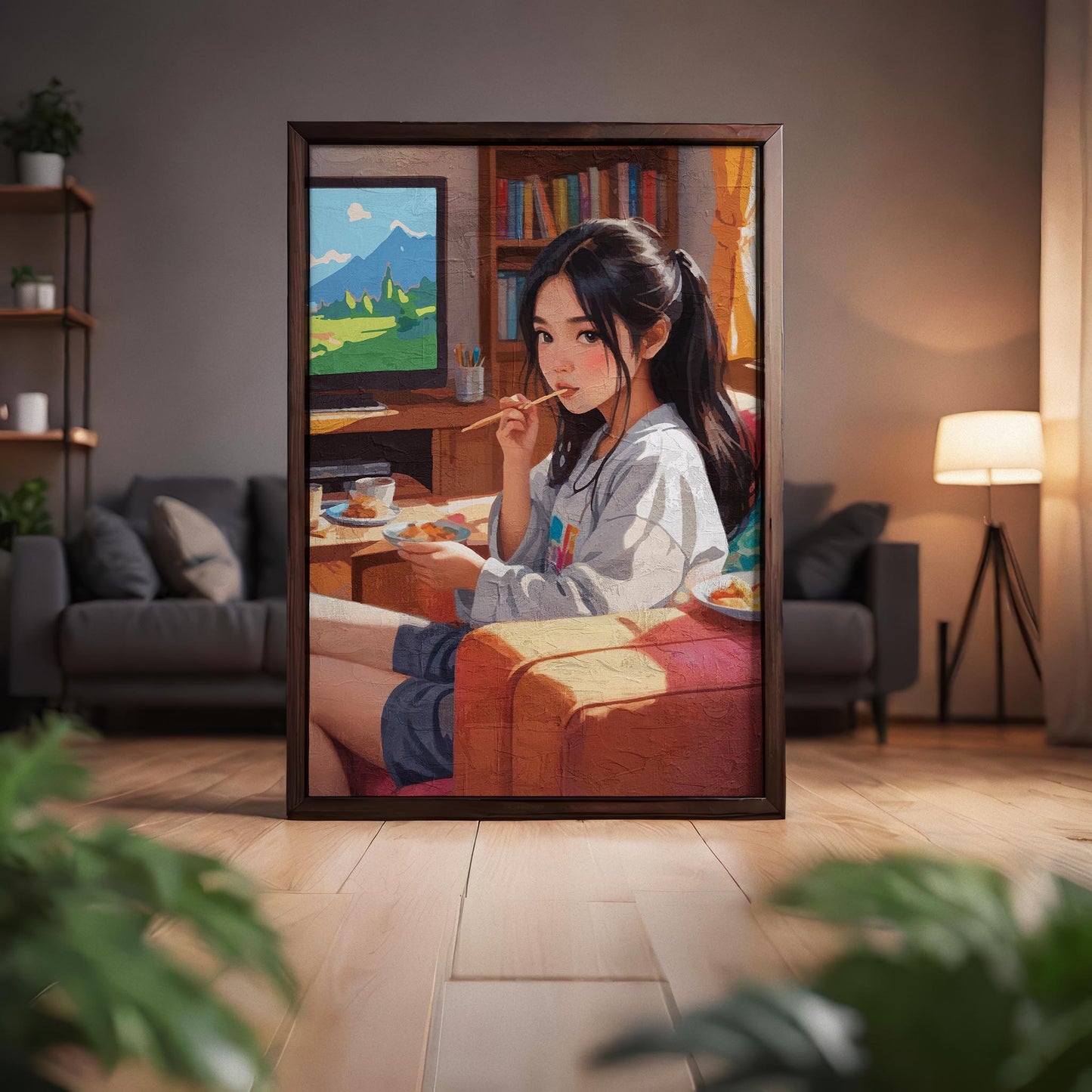 Anime girl relaxing at home eating food with TV in background, cozy lifestyle printable wall art digital download