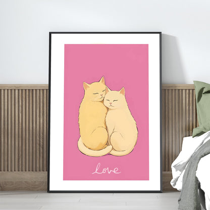 Printable wall art of two cute cats cuddling on a pink background with the word ‘love,’ perfect for cat lovers and romantic home decor