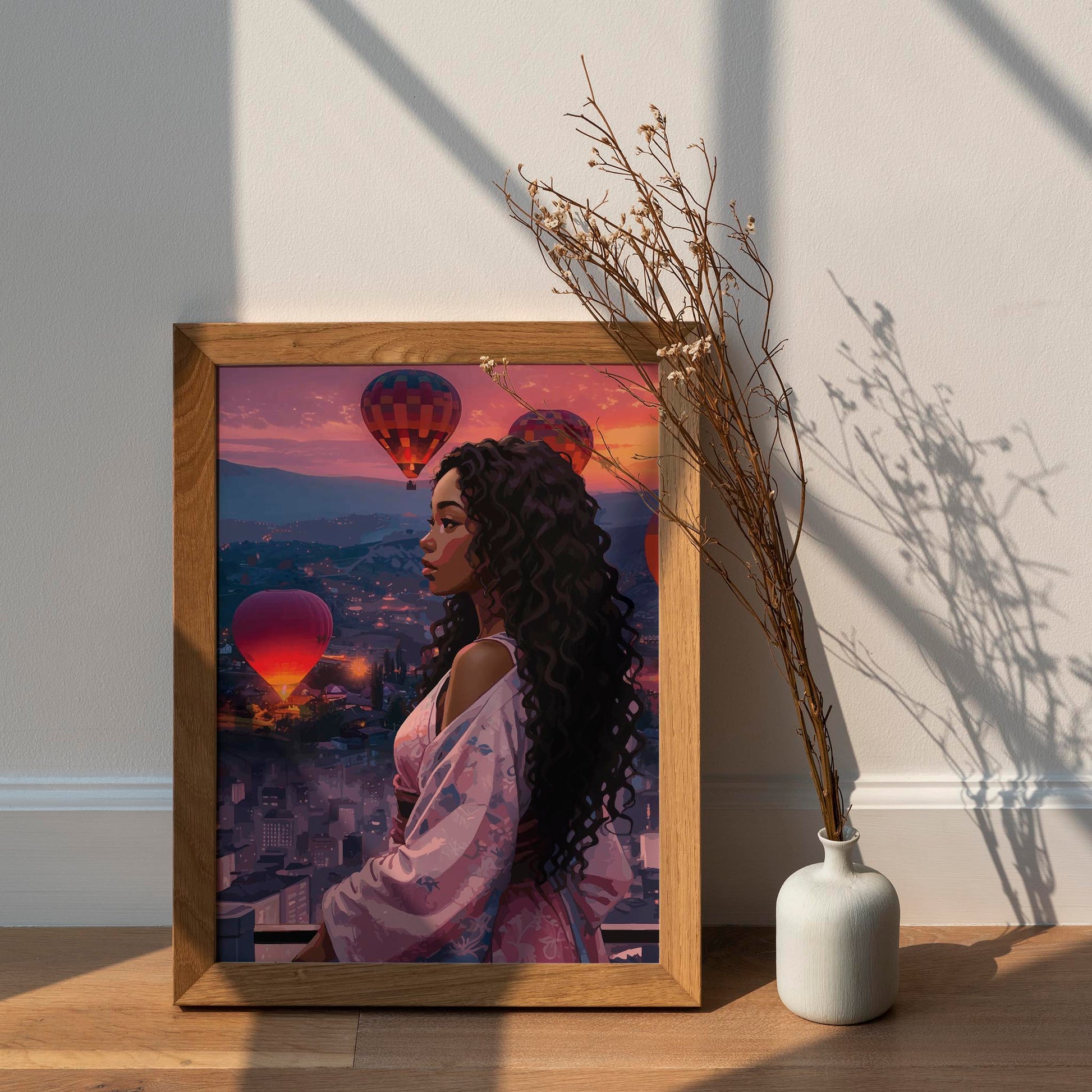 Dreamy evening sky with glowing hot air balloons and city lights, romantic printable wall decor