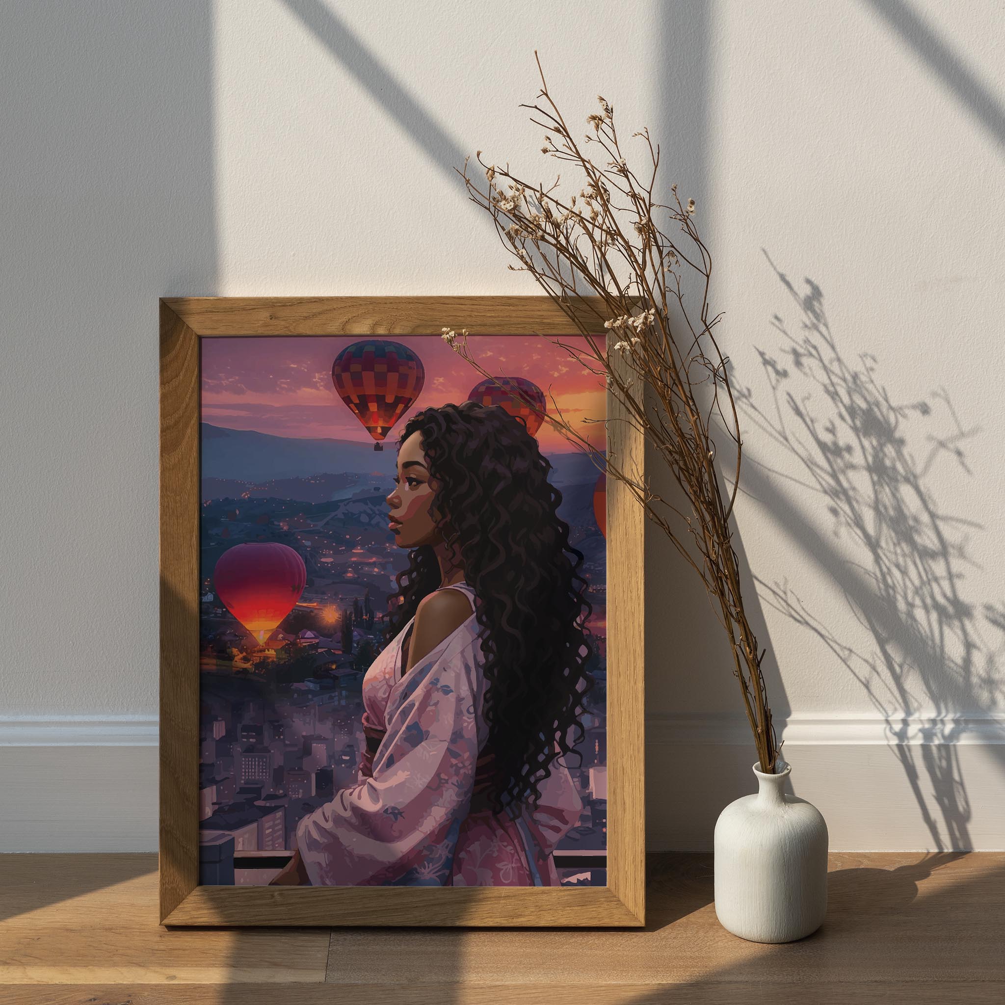 Dreamy evening sky with glowing hot air balloons and city lights, romantic printable wall decor